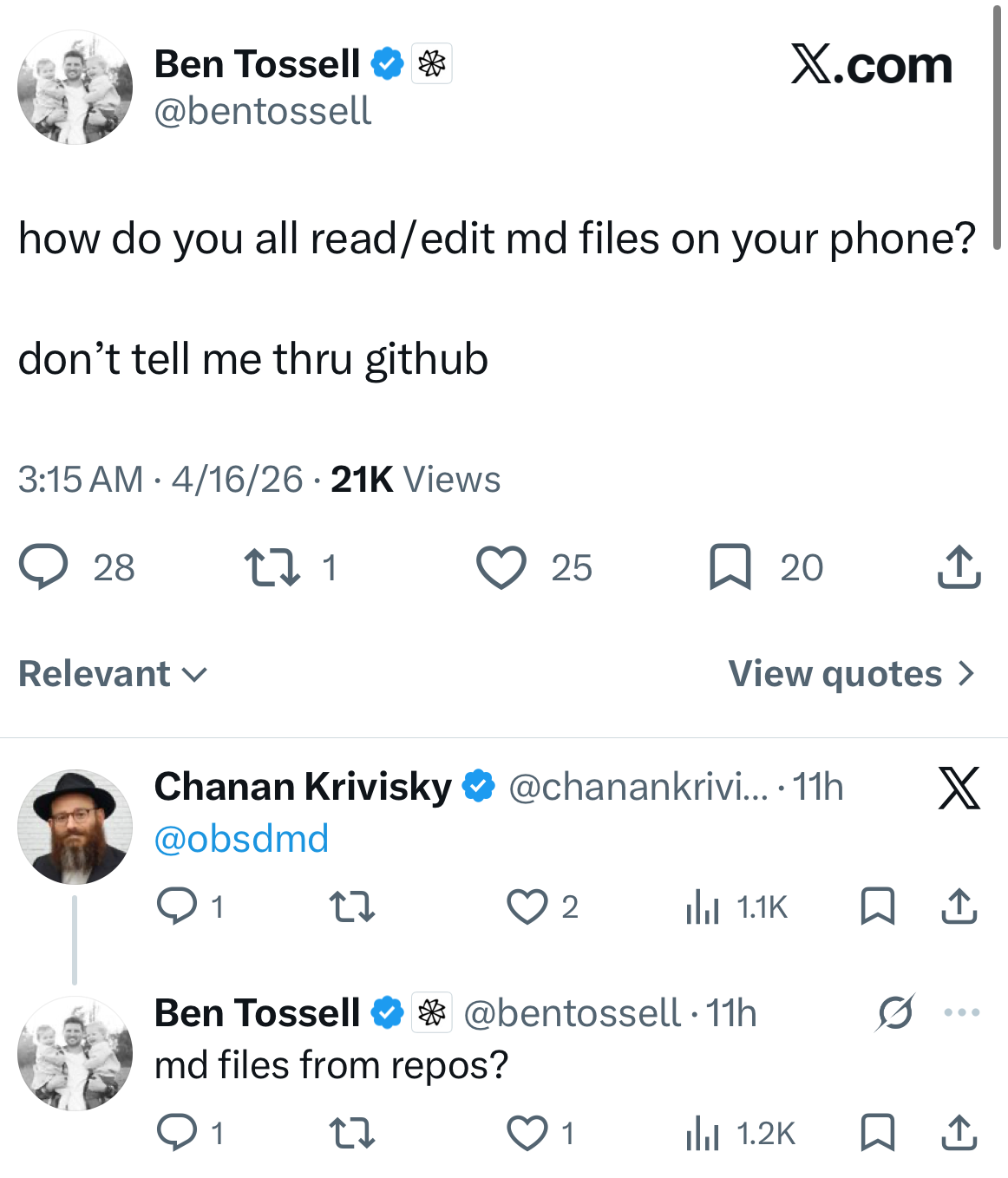Tweet from Ben Tossell asking "how do you all read/edit md files on your phone? don't tell me thru github" — top reply is "Obsidian," and another reply notes that "every option still feels like apologizing for being away from a laptop"